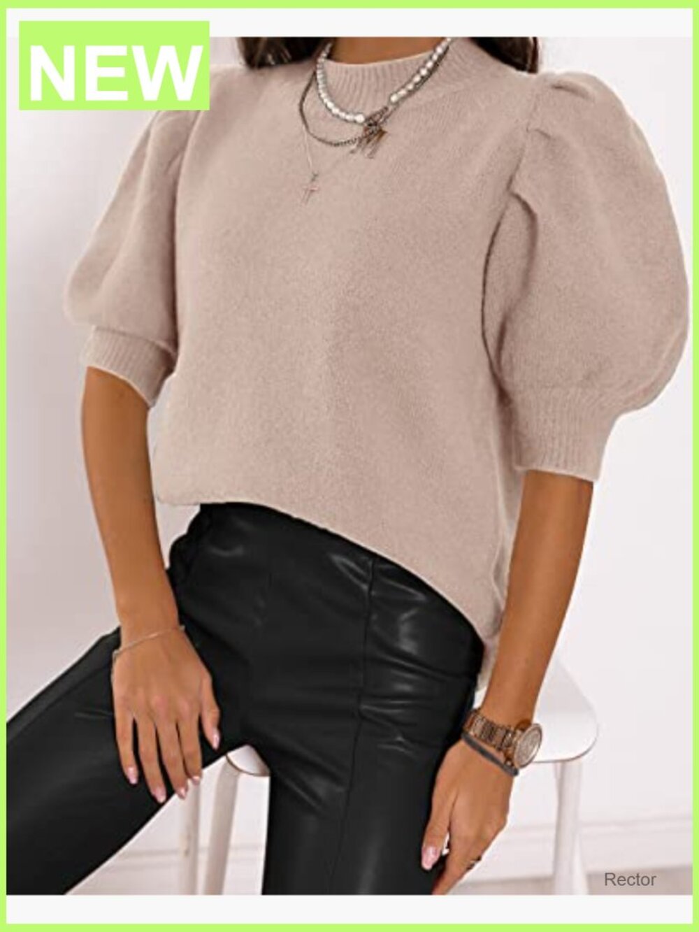 Puff Short Sleeve Knit Crew Neck Sweater Top Casual Pullover - Picture 3 of 7